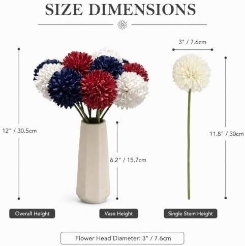 Mandy's 12pcs Artificial Red White Blue Ball Chrysanthemum Flowers - Image 3