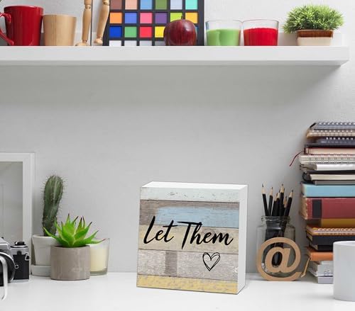 Let Them Wooden Sign, Office Decorations for Work, Let Them Mental Health Rustic Wood Box Signs 5x5 Inch, Desk Shelf Tabletop Decor for Home Cubicle Decor, Office Gifts for Coworkers Women, 15 - Image 3