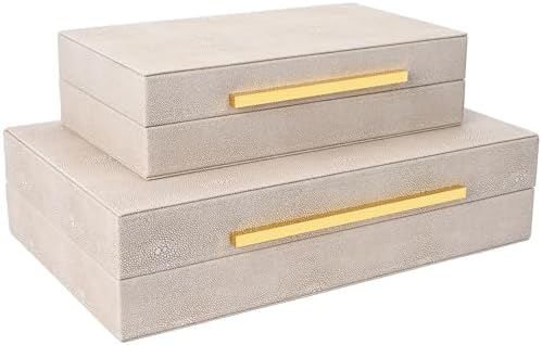Ivory Shagreen box Set of 2 Faux Leather Decorative Boxes,Large Nesting Storage Decorative Boxes with Lids for Modern Home Decor Stacking Jewelry Box Organizer - Image 4