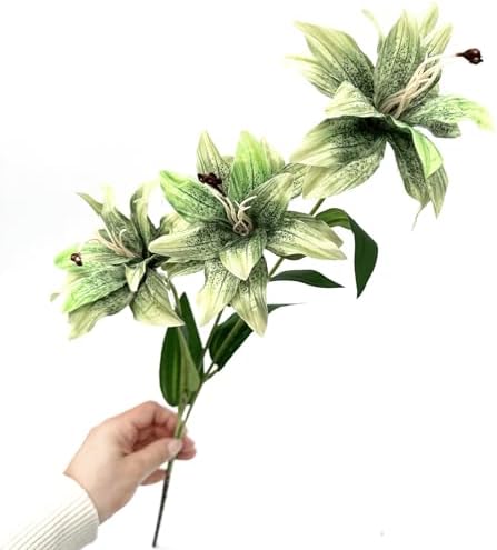 Artificial Silk Flowers Fake Lily Flower Long Stems Stargazer Lilies 4 Pack, Faux Tiger Bouquets with Full Bloom Floral Real Touch Plants for Home Kitchen Decor Wedding Party Hotel Decoration - Green - Image 3