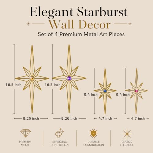 sxnzequnze 4 Pcs Star Wall Art for Home Decor Living Room Bedroom Office Metal 3D,Bling,with Hanging Hook Starburst Midcentury Sculpture Retro Gallery Accent Celestial -Gold 16.5in/9.4in - Image 3