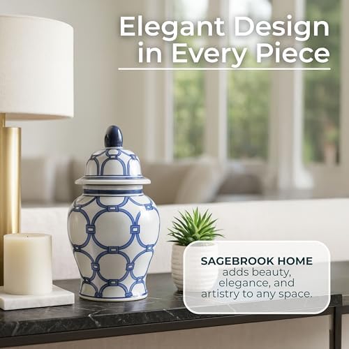 Decorative Jar with Lid Hand-Painted Pattern Ceramic Stoneware Traditional Style Home Living Room Office Decor Accent Piece - 10" Blue & White - Image 6