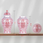 11″ Red & White Ginger Jar with Lid Chinoiserie Double Happiness - Image 5