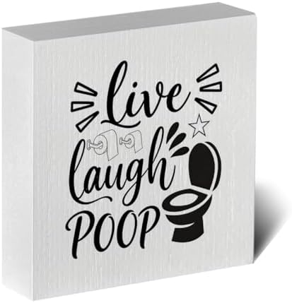 Funny Rustic Bathroom Decor Wooden Box Sign 5x5 Inch - "Live, Laugh, POOP" Humorous Restroom Shelf Wall Countertop Ornament, Farmhouse Style Decor for Guest Bathroom & Housewarming Gif by ENGVZ