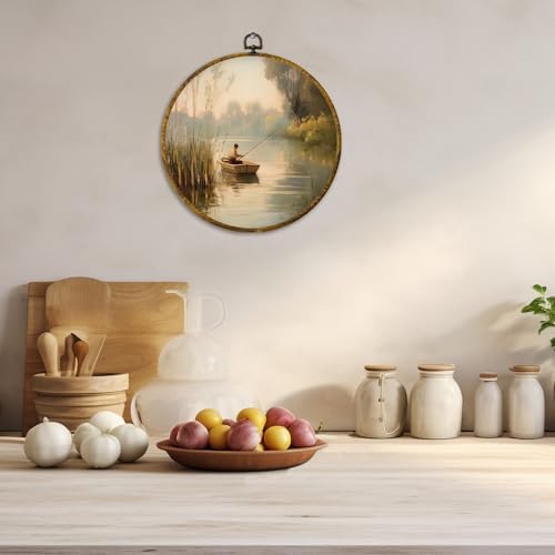 CUANFDDSF Vintage Fishing Round Wall Art, Fisherman In Rowboat Sunset Landscape Framed Hanging Wall Decor, Countryside Cottagecore Canvas Prints Decorations for Lake House Room, 10x10 Inch - Image 5