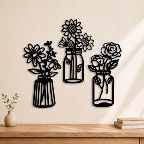 qzmaikoo 3 Pieces Sunflower Roses Daisy Black Metal Flowers Wall Decor Metal Vase Wall Art Metal Wall Sculptures Hanging for Indoor Kitchen Bathroom Bedroom living room,14.56x7.87 inches by qzmaikoo
