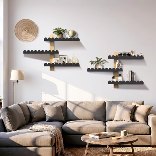 3-Tier 100% Solid Wood Shelves for Wall, Scalloped Rustic Floating Shelves, Wall Decor with Planter Vase, Wall Shelf for Apartment, Living Room and Bedroom - Image 5
