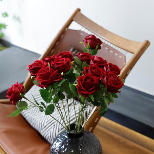 12 Pcs Artificial Rose Flowers, Dark Red Silk Roses with Long Stems, Realistic Fake Roses for Wedding Centerpiece Party Home and Office DIY Decor - Image 6