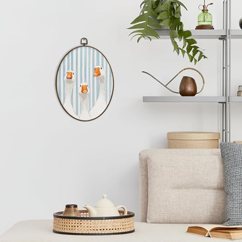 dvhdajed Preppy Goose Oval Wall Art Decor, Light Blue Striped Goose Framed Canvas Art, Farm Animals Decorations, Grandmillennial Geese Wall Hanging Decor for Nursery Bathroom Kitchen, 8.7x11.3 Inch - Image 2