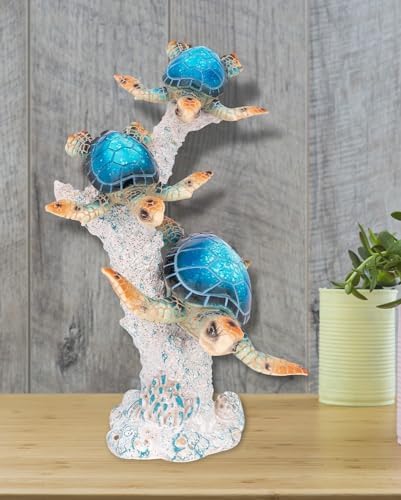Sea Turtle Statue Triple Turtles Swimming on Coral Reef Base – Ocean-Inspired Polystone Figurine for Coastal, Beach & Nautical Home Decor – Tabletop Accent Sculpture (Blue, 9.5”) - Image 2