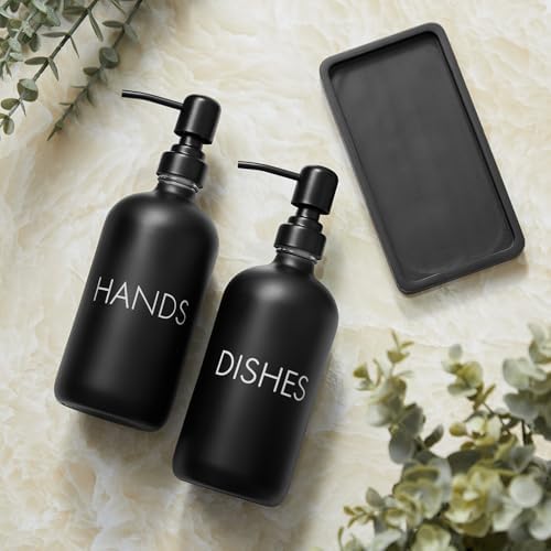 Black Dish and Hand Soap Dispenser Set - Glass Kitchen Soap Dispenser with Tray and Stainless Steel Pump - for Black Kitchen Decor and Accessories - Image 6