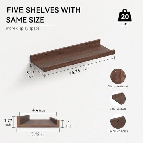 RICHER HOUSE 5-Set Floating Shelves with Lip, Walnut Wall Mounted Shelf - Image 3