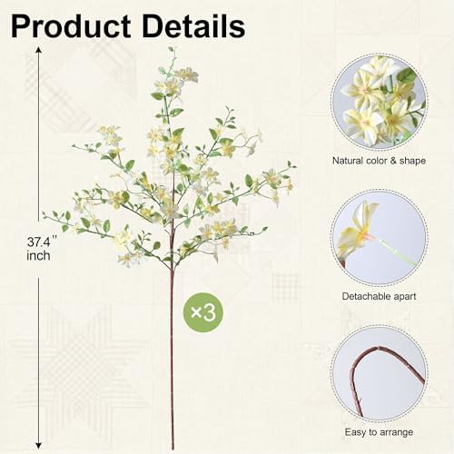 Fake Flowers, 3 Pcs Artificial Flowers Greenery Stems Faux Greenery Stems Branches for Vases Realistic Silk Real Touch Spring Greenery Stems Bulk Bedroom Office Wedding Table Summer Home Decor - Image 2