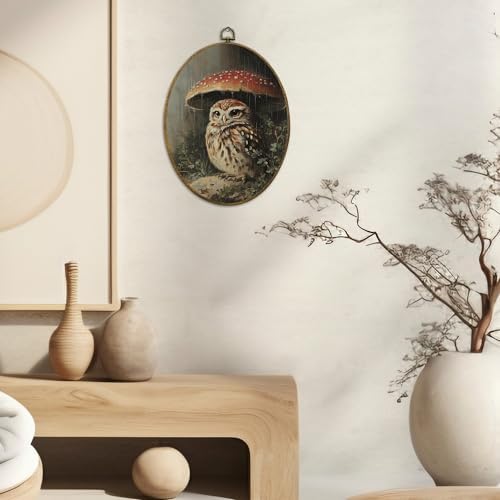 CUANFDDSF Owl Mushroom Nature Aesthetic Oval Wall Art Decor, Rustic Cottagecore Woodland Nursery Wall Hanging Decor, Dark Academia Wild Animal Framed Canvas Prints for Gallery Bedroom, 8.6x11.4 Inch - Image 2