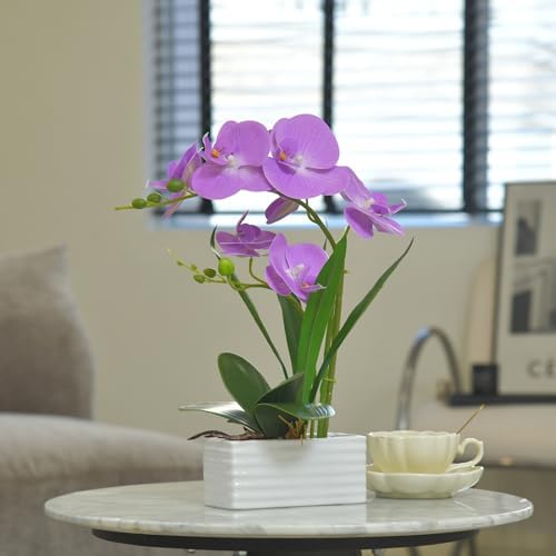 Artificial Real Touch Orchid Flowers with White Ceramic Vase, Purple - Image 6