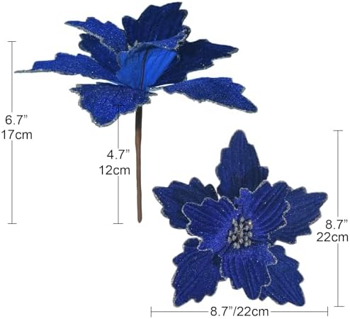 10 PCS Glitter Poinsettias, 8.7" Artificial Christmas Flowers, Royal Blue - Image 2