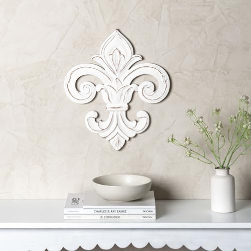 JFY Designs Fleur De Lis Carved Wood Wall Art, White Distress, 13x15 in - Image 2