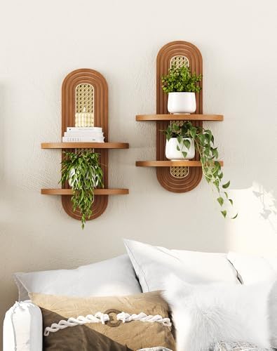 Floating Shelves for Wall,Boho Home Wall Decor,2-Tier Rattan Plant Shelf,Mid Century Hanging Small Decorative Shelf,Natural Wood Shelves for Living Room,Bedroom,House,Office,1-Pack (Walnut) - Image 3