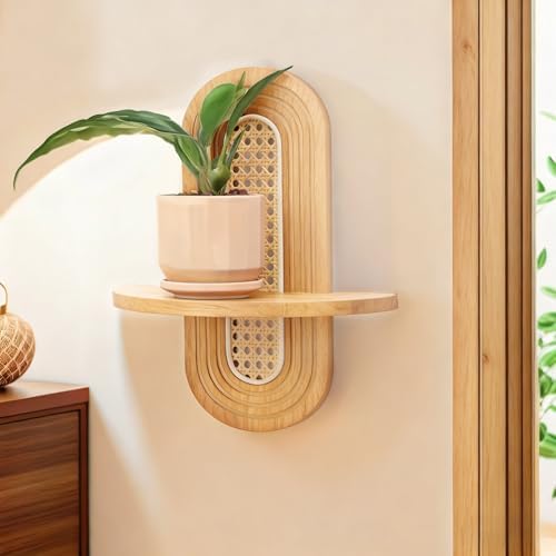 Floating Shelves for Wall, Boho Home Wall Decor,Rattan Plant Shelf Set of 2, Mid Century Small Decorative Shelf, Natural Wood Shelves for Living Room,Bedroom,House,Office (Natural) - Image 2