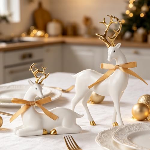 WDS WONDROUS Christmas Reindeer Decorations Modern White Gold Table Decor - Image 4