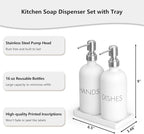 White Dish and Hand Soap Dispenser Set - Glass Kitchen Soap Dispenser with Tray and Stainless Steel Pump - for White Kitchen Decor and Accessories - Image 2