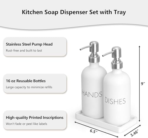 White Dish and Hand Soap Dispenser Set - Glass Kitchen Soap Dispenser with Tray and Stainless Steel Pump - for White Kitchen Decor and Accessories - Image 2