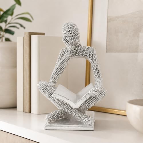 Sparkling Silver Reading Women Statue, Abstract Resin Thinker Sculptures - Image 4