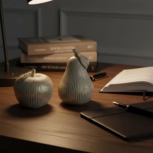 Gold Apple and Pear Decor Set,Retro Fruit Figurines Home Decor, Modern Decorative Ornaments for Living Room Office Desk Shelf Coffee Table, Unique Gift and Tabletop Accent - Image 2