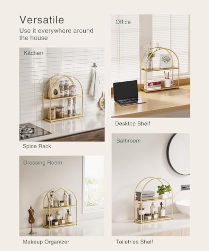 Crofy Gold Arched Frame Wall Shelf, Decorative 2 Tier Bathroom Wall Shelf with Walnut Finish Shelves and Robust Storage Capacity, 6" D x 17.9" W x 19.18" H - Image 6