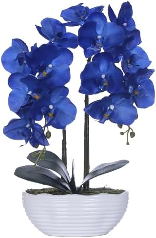 Large Artificial Orchid Arrangement in Oval Ribbed Ceramic Pot, Navy Blue by YSZL