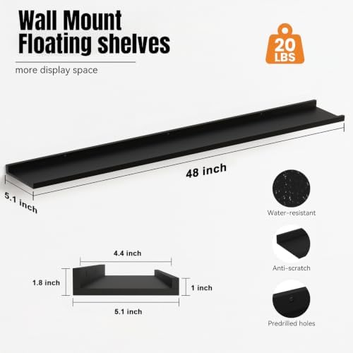 48inch Long Floating Shelves for Wall Decor, 5-Set Shelves with Lip, Black - Image 3
