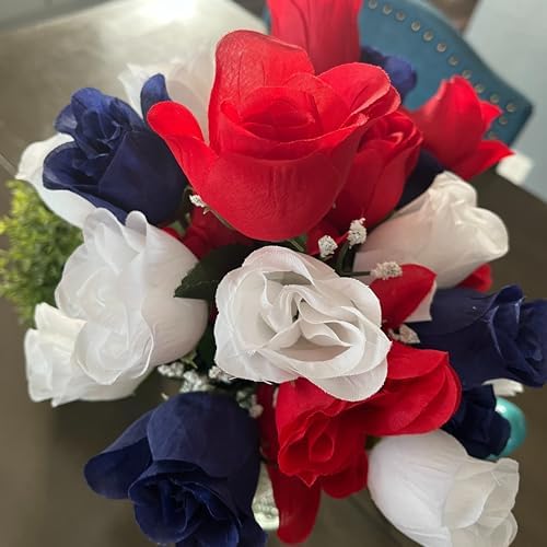 Admired By Nature 14 Stems Artificial Flower Rosebuds Patriotic Memorial Bouquet Cemetery Decorations for Grave, Spring Faux Flower Arrangement, Memorial Day, Veterans Independence Day, Red White Blue - Image 3