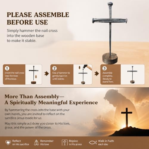 LeMeeOly Jesus Christ Crucifixion Nail Metal Cross Wooden Base, Religious Gifts for Men Women, Baptism & Religious Gifts for Men Women,Christian Home Decor (Solid Wood Base) - Image 5