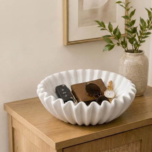 Large Ceramic Fruit Bowl Ivory Decorative Bowl for Coffee Table Entryway Kitchen Modern Home Decor Centerpiece 9.5 Inches Ruffle Fluted Scalloped Bowl - Image 5