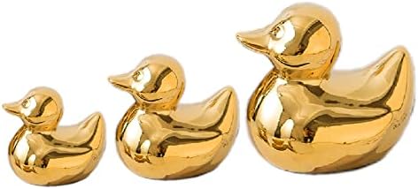 Golden Ceramic Duck Figurines，Home Decor Animal Sculptures and Statues Handmade Artware Decor,Mini Duck Sets 3 PCS by TQUPT