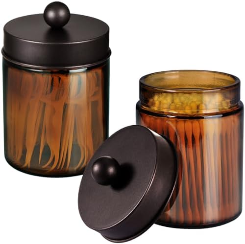 Amolliar Amber Glass Apothecary Jars Qtip Holder w/Metal Lids,Bronze 2pc by Amolliar