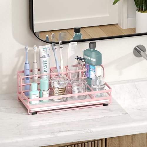 HapiRm Toothbrush Holders for Bathroom - 5 Partitions Bathroom Counter Organizer with Instant Drying Stone, Stainless Steel Countertop Storage Electric Toothbrush Toothpaste Holder - Pink - Image 7