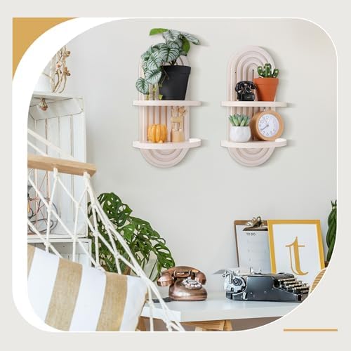 Wenqik 2 Pcs Boho Wall Shelf Rainbow Arch Wooden Floating Shelf, White - Image 5