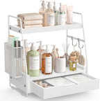 2-Tier Bathroom Counter Organizer with Drawer, Wood Counter Storage Shelf by Unknown