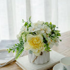 TKAS Fake Flowers Arrangement in Ceramic Vase, Artificial Faux Silk Roses & Hydrangea, Small Realistic Dried-Style Floral Dining Table Centerpiece for Wedding Party Home Decoration (Yellow) by TKAS