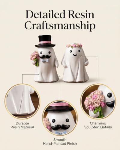 GoGnome Halloween Ghost Bride & Groom Figurine Set of 2, Cute Resin Ghost Couple Decorations with Top Hat, Bow Tie & Flower Crown (White Ghostly Wedding) - Image 6