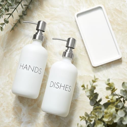 White Dish and Hand Soap Dispenser Set - Glass Kitchen Soap Dispenser with Tray and Stainless Steel Pump - for White Kitchen Decor and Accessories - Image 4