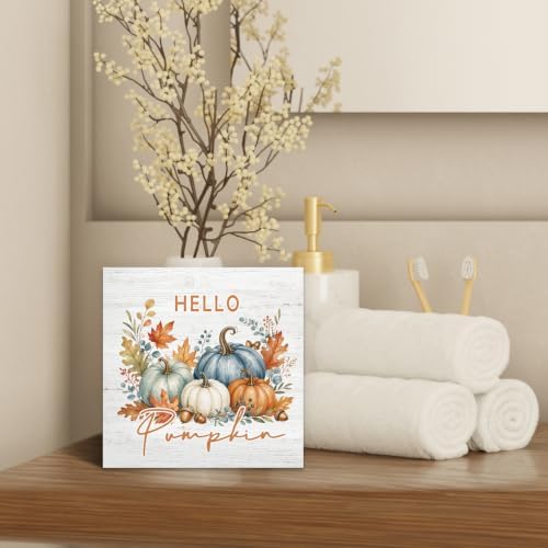 Hello Pumpkin Rustic Fall Thanksgiving Wood Box Sign Desk Decor 5X5 - Image 4