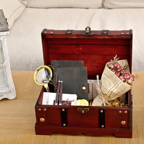 Vintage Wooden Treasure Chest Decorative Box with Lock,Oxblood - Image 7