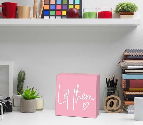 Let Them Wooden Sign, Pink Office Decorations for Work, Let Them Mental Health Rustic Wood Box Signs 5x5 Inch, Desk Shelf Tabletop Decor for Home Cubicle Decor, Office Gifts for Coworkers Women, 20 - Image 3