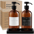 Glass Soap Dispenser Set of 2 (Amber) with Silicone Tray | Hand and Dish Soap Dispenser for Kitchen and Bathroom | 16.8 Oz Glass Bottles with Stainless Steel Pump & 15 Waterproof Labels (Amber/Black) - Image 7