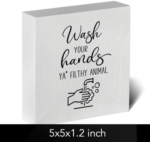 Funny Rustic Bathroom Decor Wooden Box Sign 5x5 Inch - "WASH YOUR HANDS YA' FILTHY ANIMAL" Humorous Restroom Shelf Table Decoration for Home - Image 2