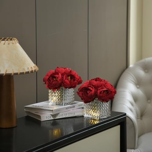 Artificial Peony Silk Flower Centerpieces with LED Light Faux Floral Arrangement in Glass Vase for Home Wedding Table Decoration (Dark Red) - Image 5