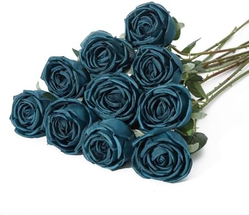 Coferset 10 Pcs Fake Silk Roses with Long Stems,Peacock Blue by Coferset