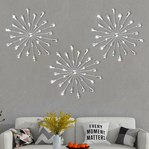 DXYAKY Set of 3 Silver Starburst Metal Wall Art Decor, 11.8 Inch Sparkling Diamond Star Jeweled Teardrop, Elegant Rhinestone Crystal Home Decor Accents, Living Room Bedroom Decorative Wall Sculpture by DXYAKY